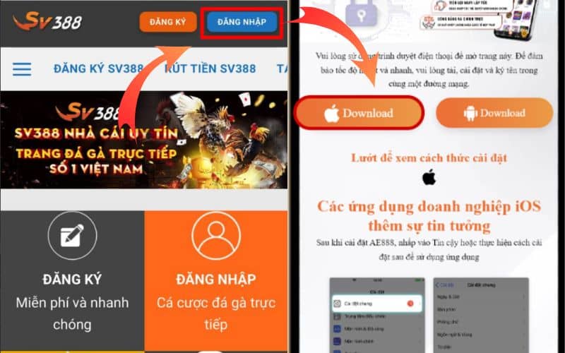 Đăng nhập vào trang chủ SV388 và chọn tải app dành cho IOS