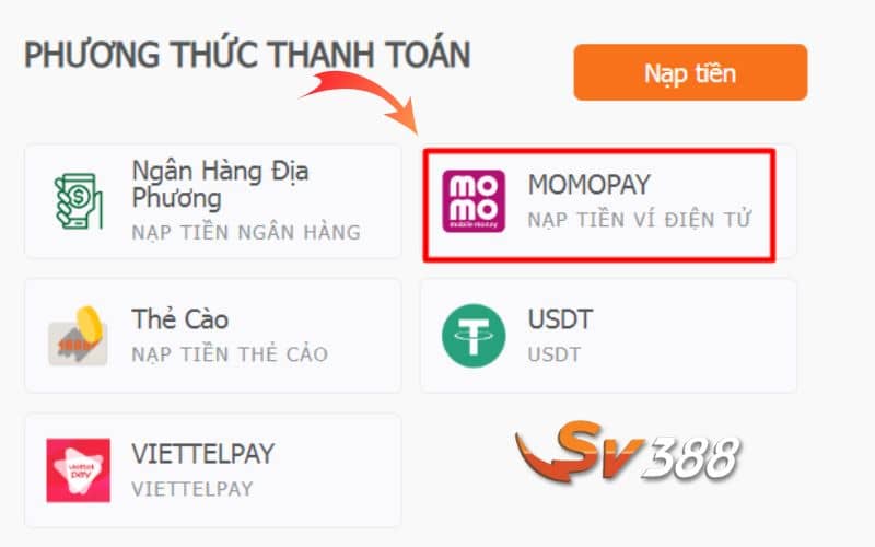 Chọn phương thức nạp tiền bằng ví MOMOPAY